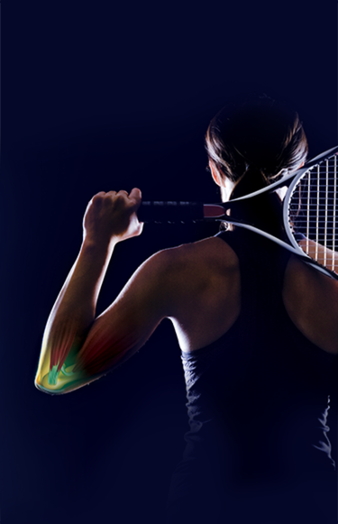Tennis player holding a racquet behind her shoulder