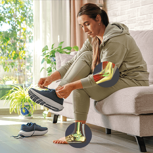 Woman lacing up a running shoe on a couch